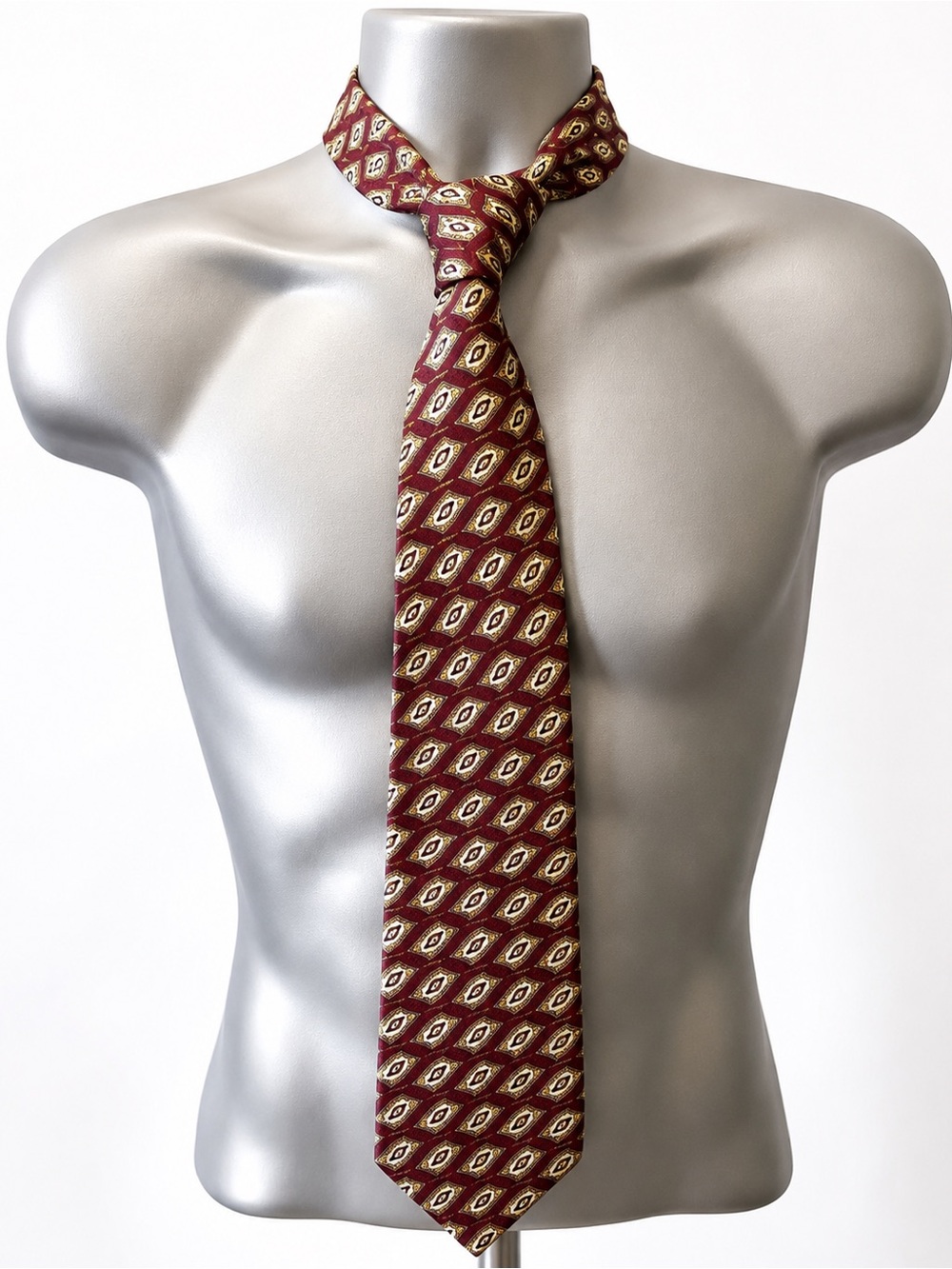 Today’s Man Handmade in Italy 100% Silk Tie Burgundy Gold Geometric Diamond Patt